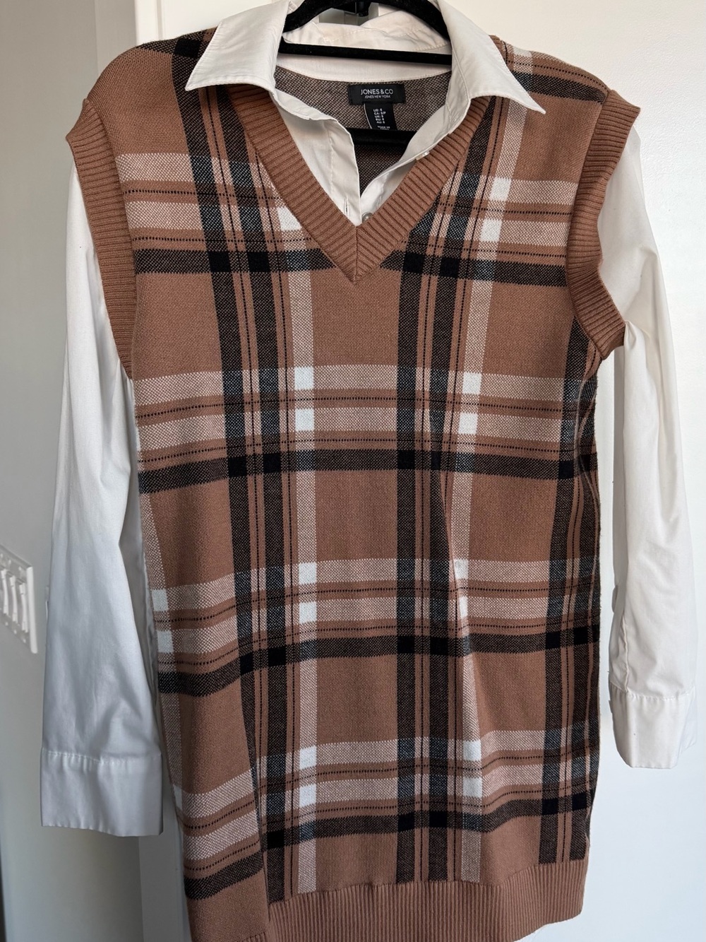 Jones & Co Brown Plaid V-Neck Midi Dress